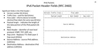 26
IPv6 Packets
IPv6 Packet Header Fields (RFC 2460)
Significant fields in the IPv6 header :
● Version number (6) (4 bits)
● Traffic Class - used for QoS (8 bits)
● Flow Label - Informs device to handle
identical flow labels the same way (20 bits)
● Payload length - indicates the length of
the data portion of the IPv6 packet (16
bits)
● Next Header - identifier of next level
protocol: ICMP, TCP, UDP, etc.
● Hop Limit - Replaces TTL field Layer 3
hop count (8 bits)
● Source Address - source IPv6 address
(128 bits)
● Destination Address - destination IPv6
address (128 bits)
 
