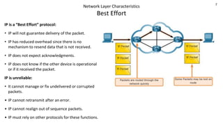 7
Network Layer Characteristics
Best Effort
IP is a “Best Effort” protocol:
• IP will not guarantee delivery of the packet.
• IP has reduced overhead since there is no
mechanism to resend data that is not received.
• IP does not expect acknowledgments.
• IP does not know if the other device is operational
or if it received the packet.
IP is unreliable:
• It cannot manage or fix undelivered or corrupted
packets.
• IP cannot retransmit after an error.
• IP cannot realign out of sequence packets.
• IP must rely on other protocols for these functions.
 