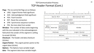 22
TCP Communication Process
TCP Header Format (Cont.)
Flags - The six control bit flags are as follows:
● URG: Urgent Pointer field significant
● ACK: Acknowledgment field significant
● PSH: Push Function
● RST: Reset the connection
● SYN: Synchronize sequence numbers
● FIN: No more data from sender
Window - The number of data octets beginning
with the one indicated in the acknowledgment
field which the sender of this segment is willing
to accept (16 bits)
Checksum - The header and data checksum
(16 bits)
Urgent Pointer - The urgent pointer points to the
urgent data (16 bits)
Options - The Options have variable length
data - The segment data have variable length
 