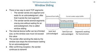 26
TCP Communication Process
Window Sliding
● There is two way to send TCP segments:
○ The sender sends one segment and
waits for an acknowledgment, after
that it sends the next segment
○ The sender sends several segments
one-by-one without waiting for an
acknowledgment, this is called
window sliding
● The internal device buffer can be of limited
size, so the window size must not exceed
this value
● The sender after sending the data by the
window size stops the transmission waiting
for an acknowledgment
● After confirming reception, the sender
continues to transmit
 