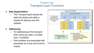 6
Transport Layer
Transport Layer Functions
● Data Segmentation
○ The Transport layer divides the
data into pieces and adds a
header for delivery over the
network
● Addressing
○ For addressing at the transport
level, ports are used, a number
from 1 to 65535.
○ Port numbers are associated with
processes on a host and must be
unique
 