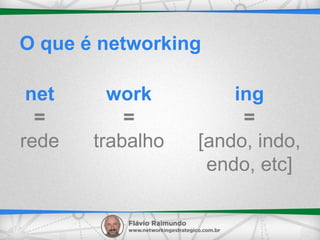 O que é networking
net
=
rede
work
=
trabalho
ing
=
[ando, indo,
endo, etc]
 