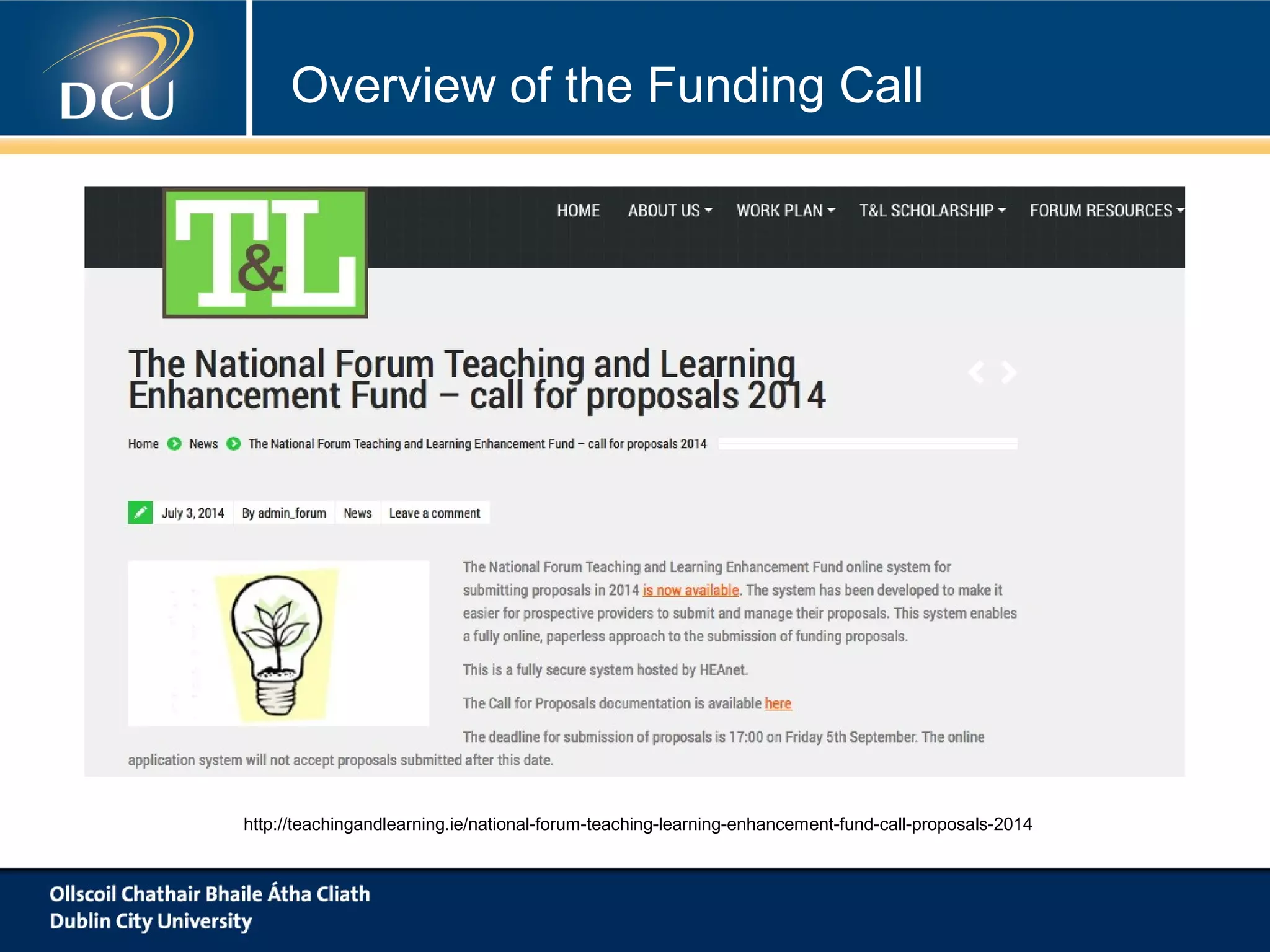 Overview of the Funding Call
http://teachingandlearning.ie/priority-themes/enhancement-theme
 