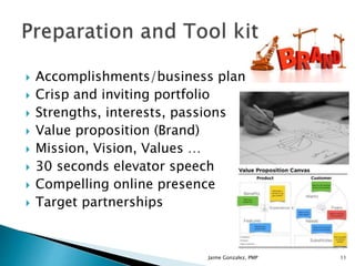  Accomplishments/business plan
 Crisp and inviting portfolio
 Strengths, interests, passions
 Value proposition (Brand)
 Mission, Vision, Values …
 30 seconds elevator speech
 Compelling online presence
 Target partnerships
Jaime Gonzalez, PMP 11
 