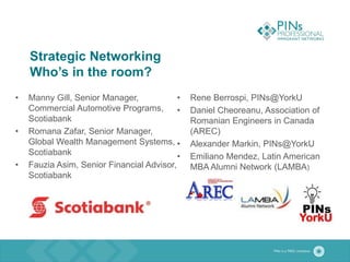 Strategic Networking
Who’s in the room?
• Manny Gill, Senior Manager,
Commercial Automotive Programs,
Scotiabank
• Romana Zafar, Senior Manager,
Global Wealth Management Systems,
Scotiabank
• Fauzia Asim, Senior Financial Advisor,
Scotiabank
• Rene Berrospi, PINs@YorkU
• Daniel Cheoreanu, Association of
Romanian Engineers in Canada
(AREC)
• Alexander Markin, PINs@YorkU
• Emiliano Mendez, Latin American
MBA Alumni Network (LAMBA)
 