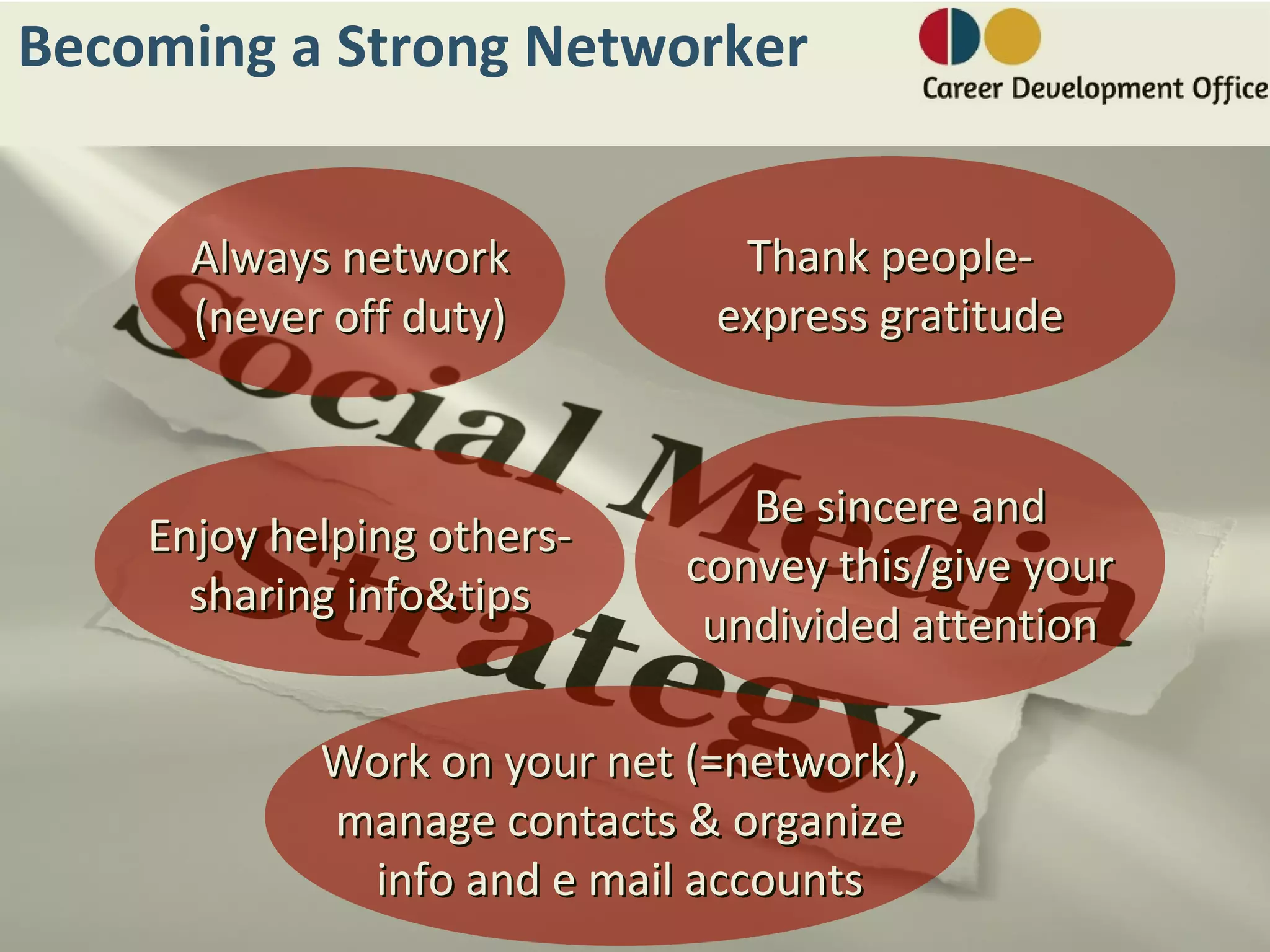 Becoming a Strong Networker


      Always network           Thank people-
      (never off duty)        express gratitude


                                Be sincere and
    Enjoy helping others-
                             convey this/give your
      sharing info&tips
                              undivided attention

            Work on your net (=network),
            manage contacts & organize
             info and e mail accounts
 