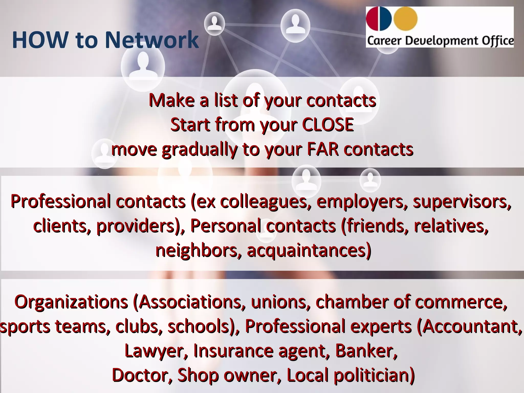 HOW to Network

                Make a list of your contacts
                   Start from your CLOSE
             move gradually to your FAR contacts

 Professional contacts (ex colleagues, employers, supervisors,
   clients, providers), Personal contacts (friends, relatives,
                   neighbors, acquaintances)

  Organizations (Associations, unions, chamber of commerce,
sports teams, clubs, schools), Professional experts (Accountant,
               Lawyer, Insurance agent, Banker,
             Doctor, Shop owner, Local politician)
 