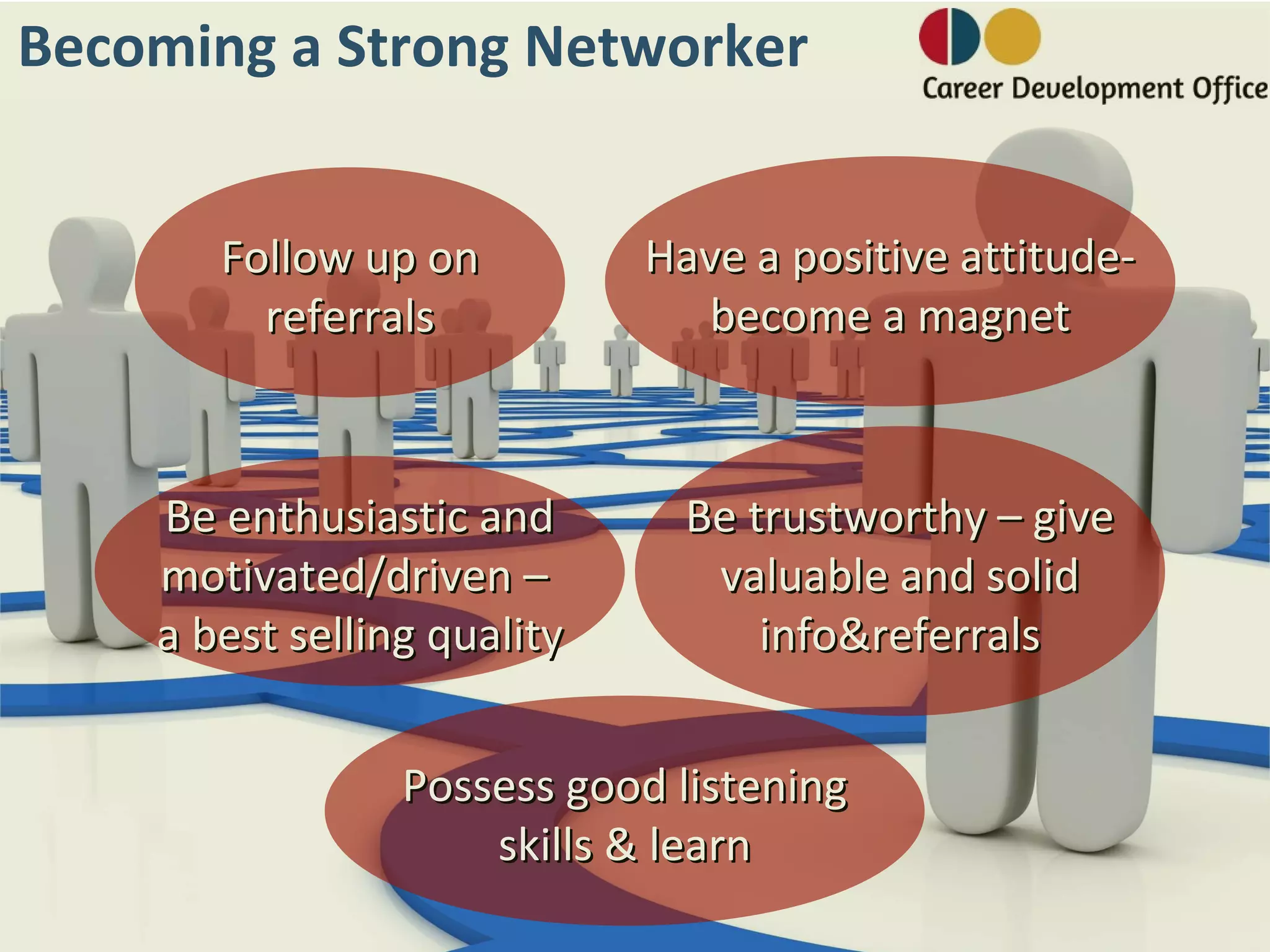 Becoming a Strong Networker


       Follow up on          Have a positive attitude-
         referrals             become a magnet



    Be enthusiastic and        Be trustworthy – give
    motivated/driven –          valuable and solid
    a best selling quality         info&referrals


                 Possess good listening
                     skills & learn
 