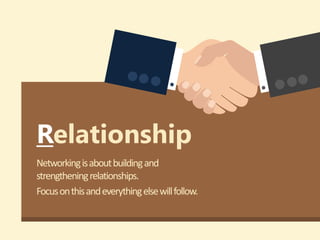 Relationship
Networkingisaboutbuildingand
strengtheningrelationships.
Focusonthisandeverythingelsewillfollow.
 