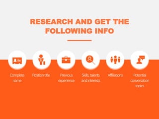 Complete
name
RESEARCH AND GET THE
FOLLOWING INFO
Positiontitle Previous
experience
Skills,talents
andinterests
Affiliations Potential
conversation
topics
 