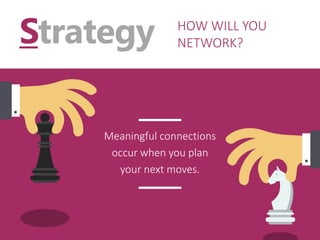 Strategy HOW WILL YOU
NETWORK?
Meaningful connections
occur when you plan
your next moves.
 