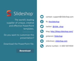 contact: support@slideshop.com
fb: theslideshop
twitter: @slide_shop
blog: http://blog.slideshop.com/
pinterest: Slideshop...