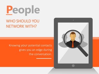 People
WHO SHOULD YOU
NETWORK WITH?
Knowing your potential contacts
gives you an edge during
the conversation.
 