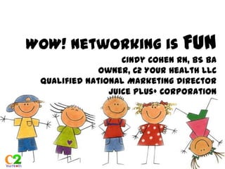 WOW! Networking is Fun
                   Cindy Cohen RN, BS BA
              Owner, C2 Your Health LLC
 Qualified National Marketing Director
                Juice Plus+ Corporation
 