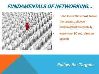  Don’t follow the crowd, follow
the targets…choose
events/activities carefully
 Know your 30 sec. elevator
speech
Follow the Targets
FUNDAMENTALS OF NETWORKING…
 