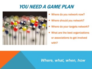 YOU NEED A GAME PLAN
 Where do you network now?
 Where should you network?
 Where do your targets network?
 What are the best organizations
or associations to get involved
with?
Where, what, when, how
 