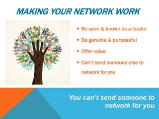 MAKING YOUR NETWORK WORK
 Be seen & known as a leader
 Be genuine & purposeful
 Offer value
 Can’t send someone else to
network for you
You can’t send someone to
network for you
 
