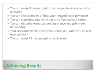 Being StrategicExamples for setting networking goals:1-2 x per month attend professional organizations1-2 x per week go to group events1-2 x meet people in a certain job or positionDaily or 1 x per week put contacts in your address book1-2 x per week get referrals of who to connect toIf seeking a job, your networking goals should be more aggressive