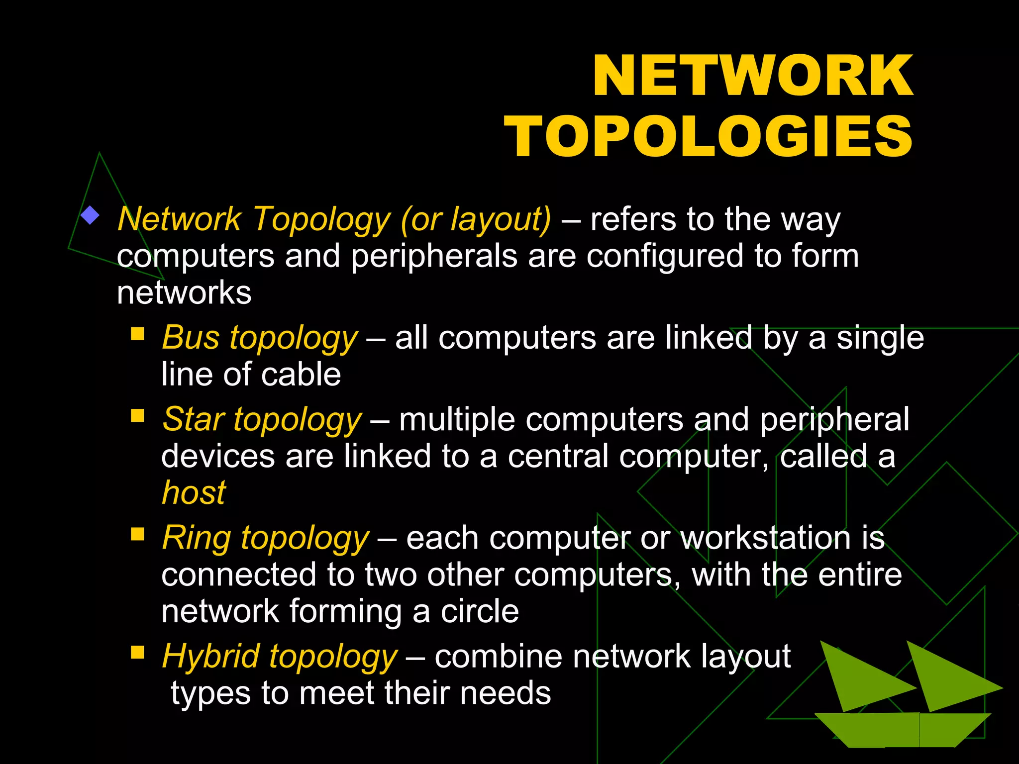 NETWORK
                             TOPOLOGIES
   Network Topology (or layout) – refers to the way
    computers and peripherals are configured to form
    networks
      Bus topology – all computers are linked by a single
       line of cable
      Star topology – multiple computers and peripheral
       devices are linked to a central computer, called a
       host
      Ring topology – each computer or workstation is
       connected to two other computers, with the entire
       network forming a circle
      Hybrid topology – combine network layout
        types to meet their needs
 