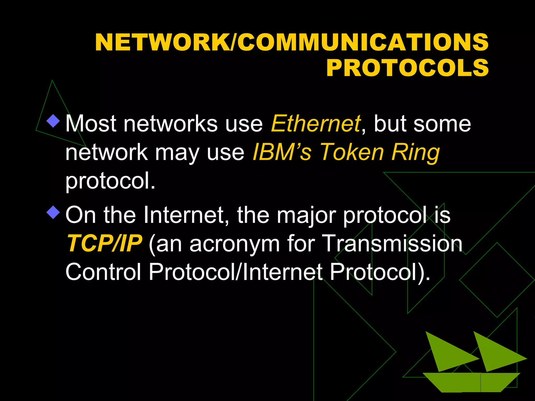 NETWORK/COMMUNICATIONS
                PROTOCOLS

 Most networks use Ethernet, but some
  network may use IBM’s Token Ring
  protocol.
 On the Internet, the major protocol is
  TCP/IP (an acronym for Transmission
  Control Protocol/Internet Protocol).
 