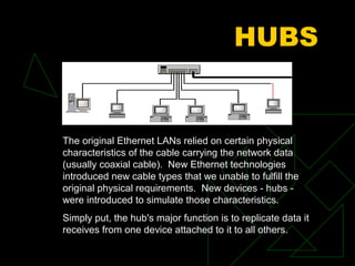 HUBS


The original Ethernet LANs relied on certain physical
characteristics of the cable carrying the network data
(usually coaxial cable). New Ethernet technologies
introduced new cable types that we unable to fulfill the
original physical requirements. New devices - hubs -
were introduced to simulate those characteristics.
Simply put, the hub's major function is to replicate data it
receives from one device attached to it to all others.
 