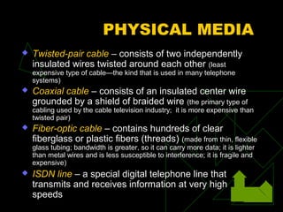 PHYSICAL MEDIA
   Twisted-pair cable – consists of two independently
    insulated wires twisted around each other (least
    expensive type of cable—the kind that is used in many telephone
    systems)
   Coaxial cable – consists of an insulated center wire
    grounded by a shield of braided wire (the primary type of
    cabling used by the cable television industry; it is more expensive than
    twisted pair)
   Fiber-optic cable – contains hundreds of clear
    fiberglass or plastic fibers (threads) (made from thin, flexible
    glass tubing; bandwidth is greater, so it can carry more data; it is lighter
    than metal wires and is less susceptible to interference; it is fragile and
    expensive)
   ISDN line – a special digital telephone line that
    transmits and receives information at very high
    speeds
 
