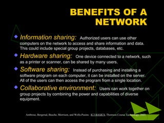 BENEFITS OF A
                                              NETWORK
   Information sharing:             Authorized users can use other
    computers on the network to access and share information and data.
    This could include special group projects, databases, etc.
   Hardware sharing:              One device connected to a network, such
    as a printer or scanner, can be shared by many users.
   Software sharing:             Instead of purchasing and installing a
    software program on each computer, it can be installed on the server.
    All of the users can then access the program from a single location.
   Collaborative environment:                Users can work together on
    group projects by combining the power and capabilities of diverse
    equipment.


       Ambrose, Bergerud, Busche, Morrison, and Wells-Pusins: IC3 BASICS, Thomson Course Technology, 2003
 