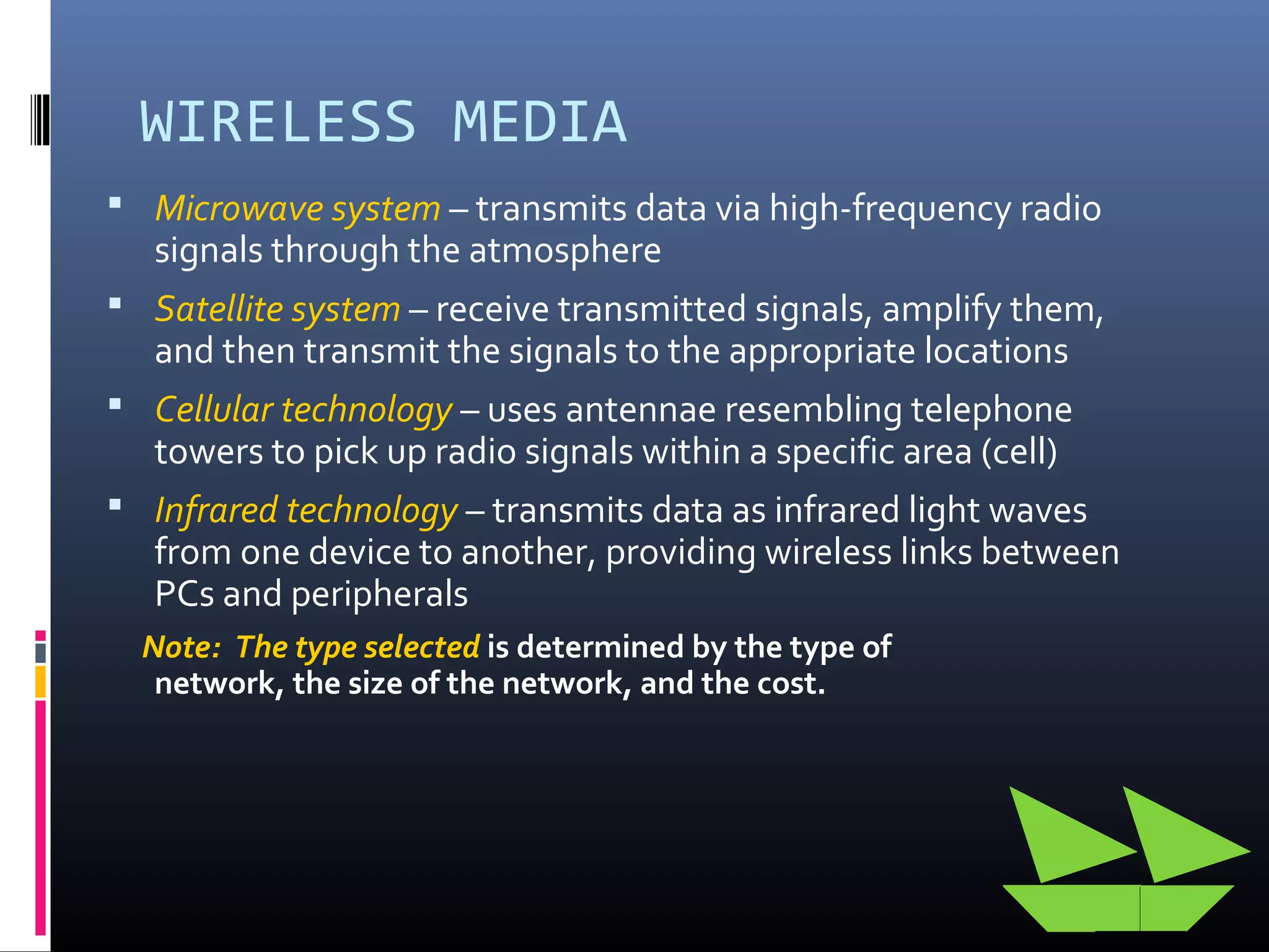 WIRELESS MEDIA
 Microwave system – transmits data via high-frequency radio
signals through the atmosphere
 Satellite system – receive transmitted signals, amplify them,
and then transmit the signals to the appropriate locations
 Cellular technology – uses antennae resembling telephone
towers to pick up radio signals within a specific area (cell)
 Infrared technology – transmits data as infrared light waves
from one device to another, providing wireless links between
PCs and peripherals
Note: The type selected is determined by the type of
network, the size of the network, and the cost.
 