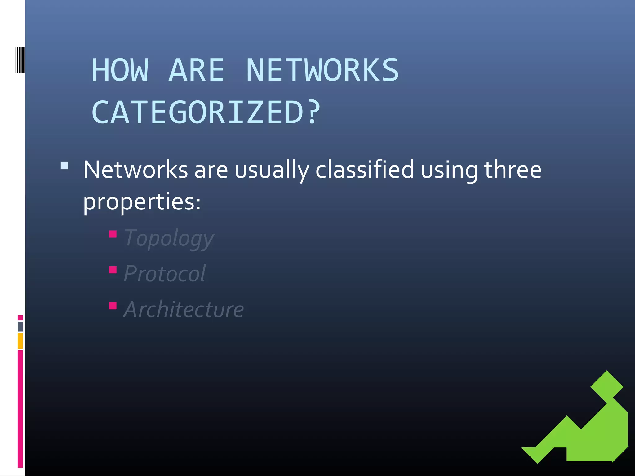 HOW ARE NETWORKS
CATEGORIZED?
 Networks are usually classified using three
properties:
 Topology
 Protocol
 Architecture
 