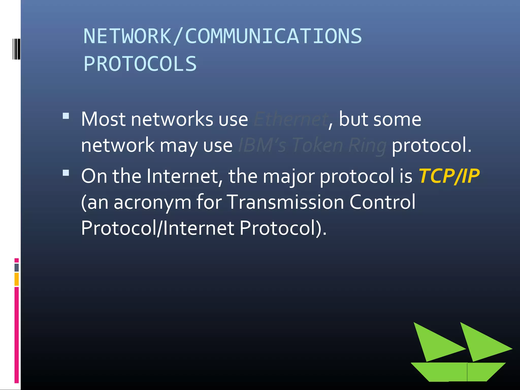 NETWORK/COMMUNICATIONS
PROTOCOLS
 Most networks use Ethernet, but some
network may use IBM’s Token Ring protocol.
 On the Internet, the major protocol is TCP/IP
(an acronym for Transmission Control
Protocol/Internet Protocol).
 