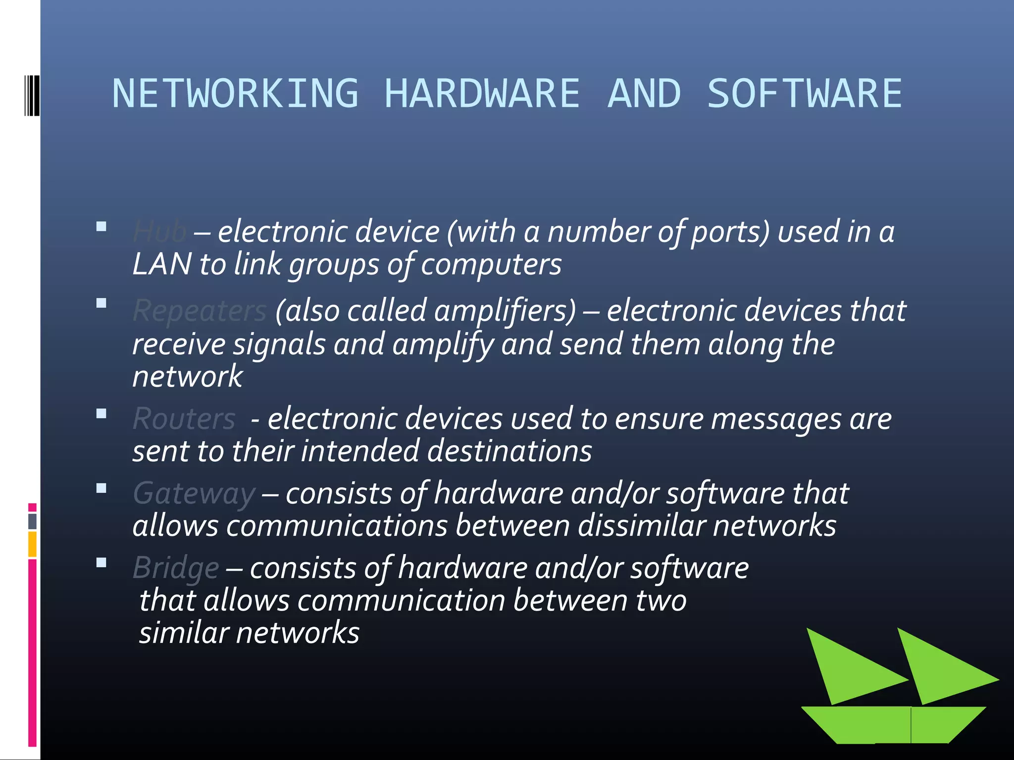 NETWORKING HARDWARE AND SOFTWARE
 Hub – electronic device (with a number of ports) used in a
LAN to link groups of computers
 Repeaters (also called amplifiers) – electronic devices that
receive signals and amplify and send them along the
network
 Routers - electronic devices used to ensure messages are
sent to their intended destinations
 Gateway – consists of hardware and/or software that
allows communications between dissimilar networks
 Bridge – consists of hardware and/or software
that allows communication between two
similar networks
 