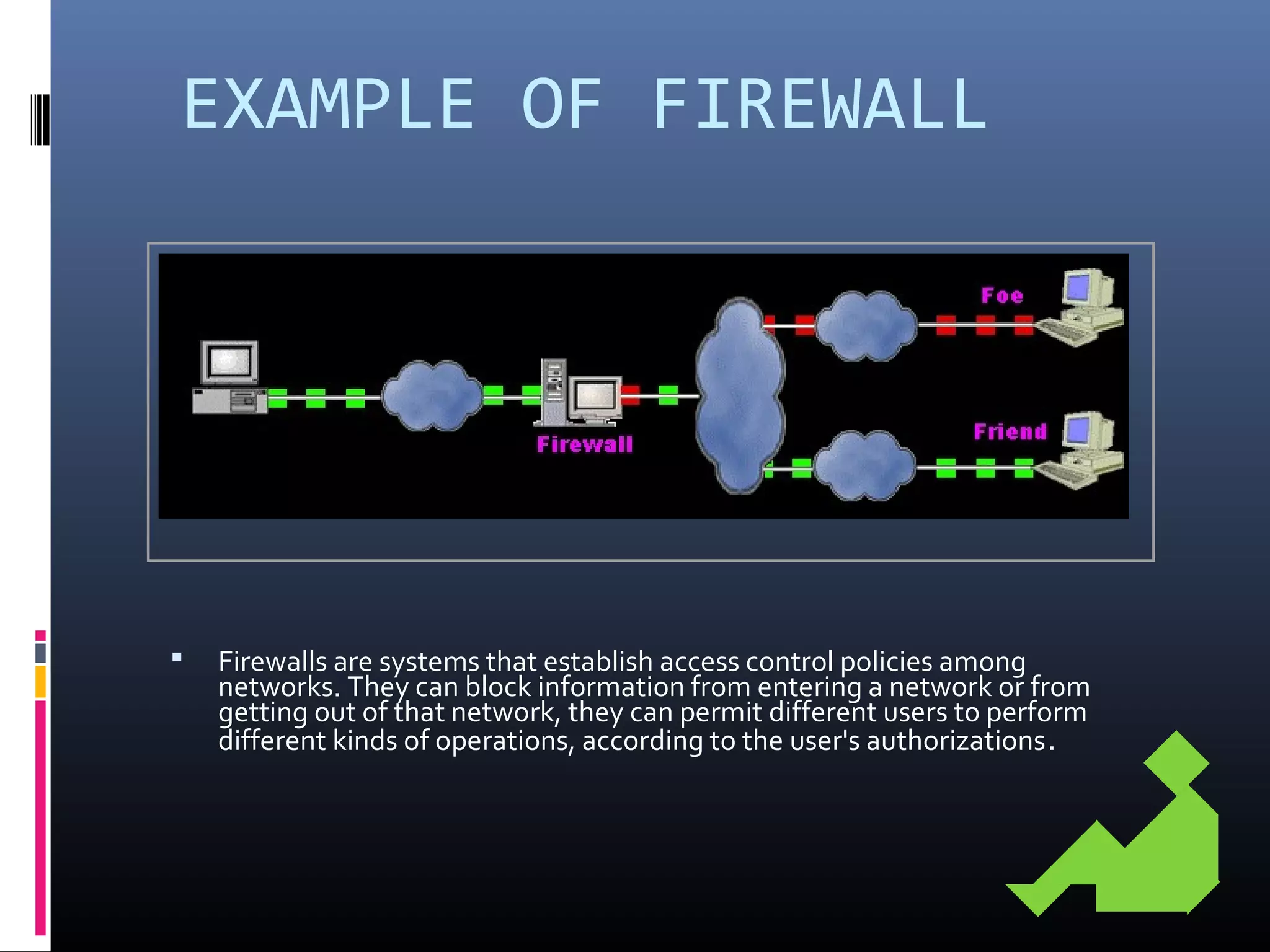 EXAMPLE OF FIREWALL
 Firewalls are systems that establish access control policies among
networks. They can block information from entering a network or from
getting out of that network, they can permit different users to perform
different kinds of operations, according to the user's authorizations.
 