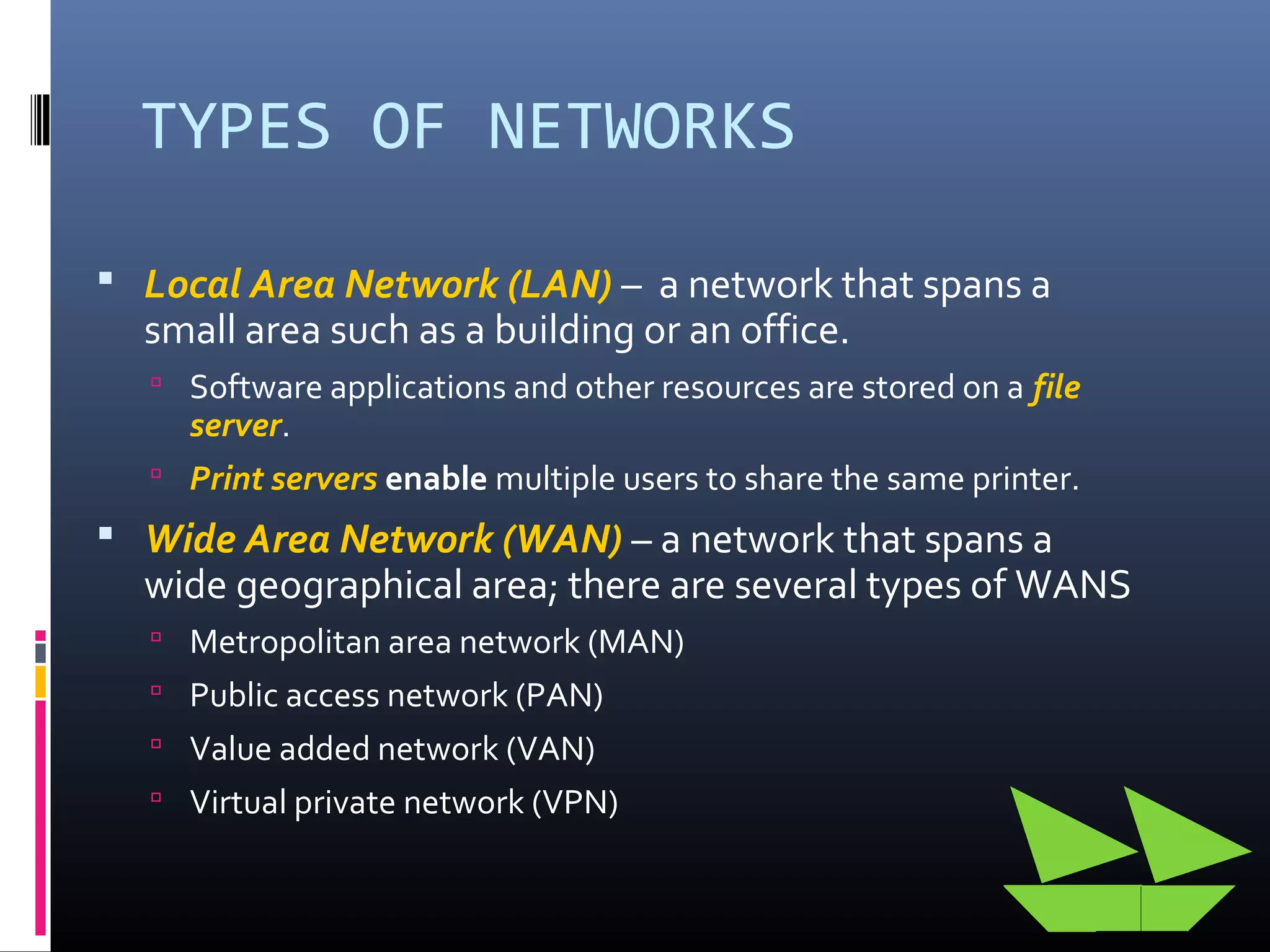 TYPES OF NETWORKS
 Local Area Network (LAN) – a network that spans a
small area such as a building or an office.
 Software applications and other resources are stored on a file
server.
 Print servers enable multiple users to share the same printer.
 Wide Area Network (WAN) – a network that spans a
wide geographical area; there are several types of WANS
 Metropolitan area network (MAN)
 Public access network (PAN)
 Value added network (VAN)
 Virtual private network (VPN)
 
