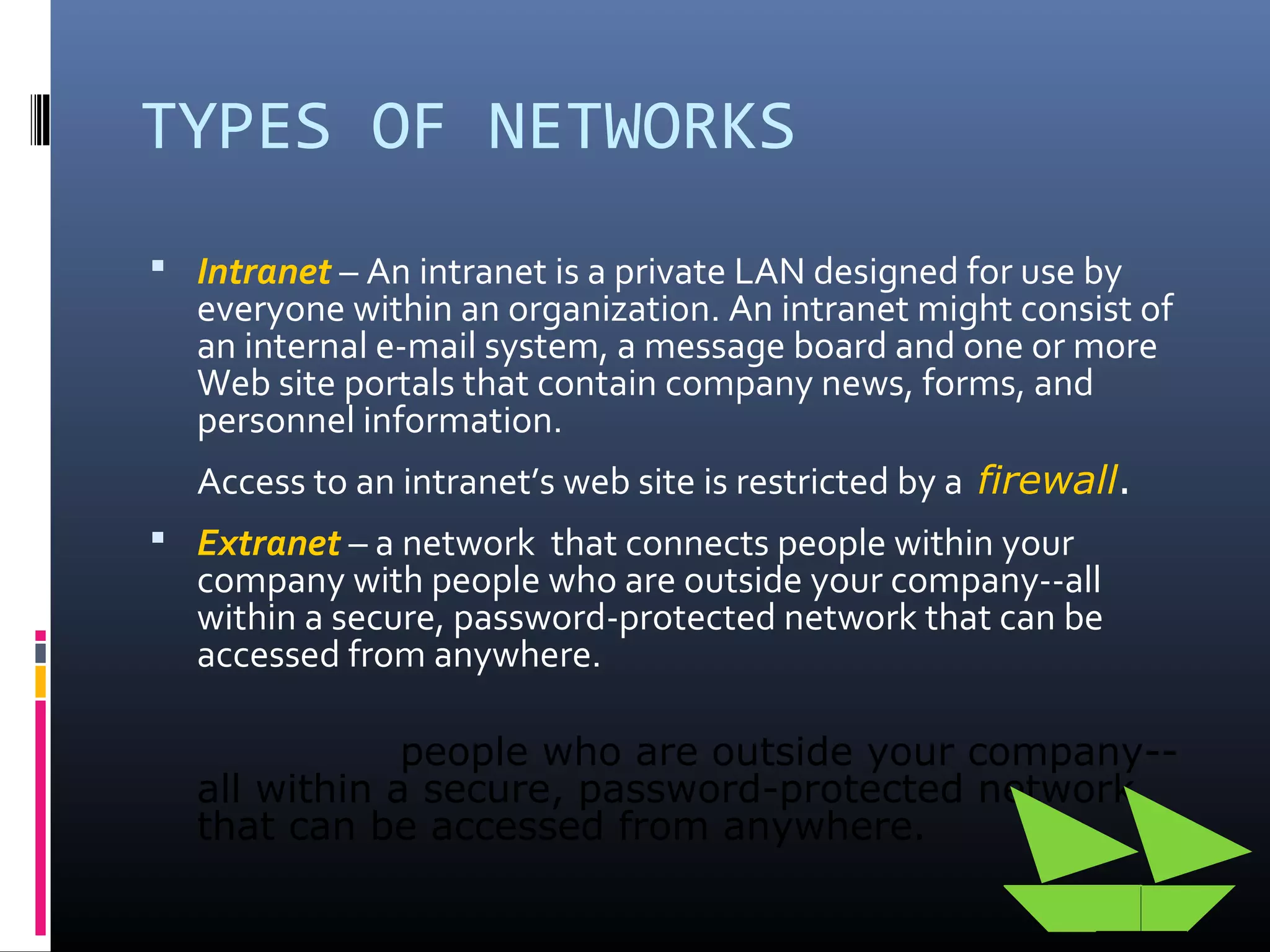 TYPES OF NETWORKS
 Intranet – An intranet is a private LAN designed for use by
everyone within an organization. An intranet might consist of
an internal e-mail system, a message board and one or more
Web site portals that contain company news, forms, and
personnel information.
Access to an intranet’s web site is restricted by a firewall.
 Extranet – a network that connects people within your
company with people who are outside your company--all
within a secure, password-protected network that can be
accessed from anywhere.
people who are outside your company--
all within a secure, password-protected network
that can be accessed from anywhere.
 