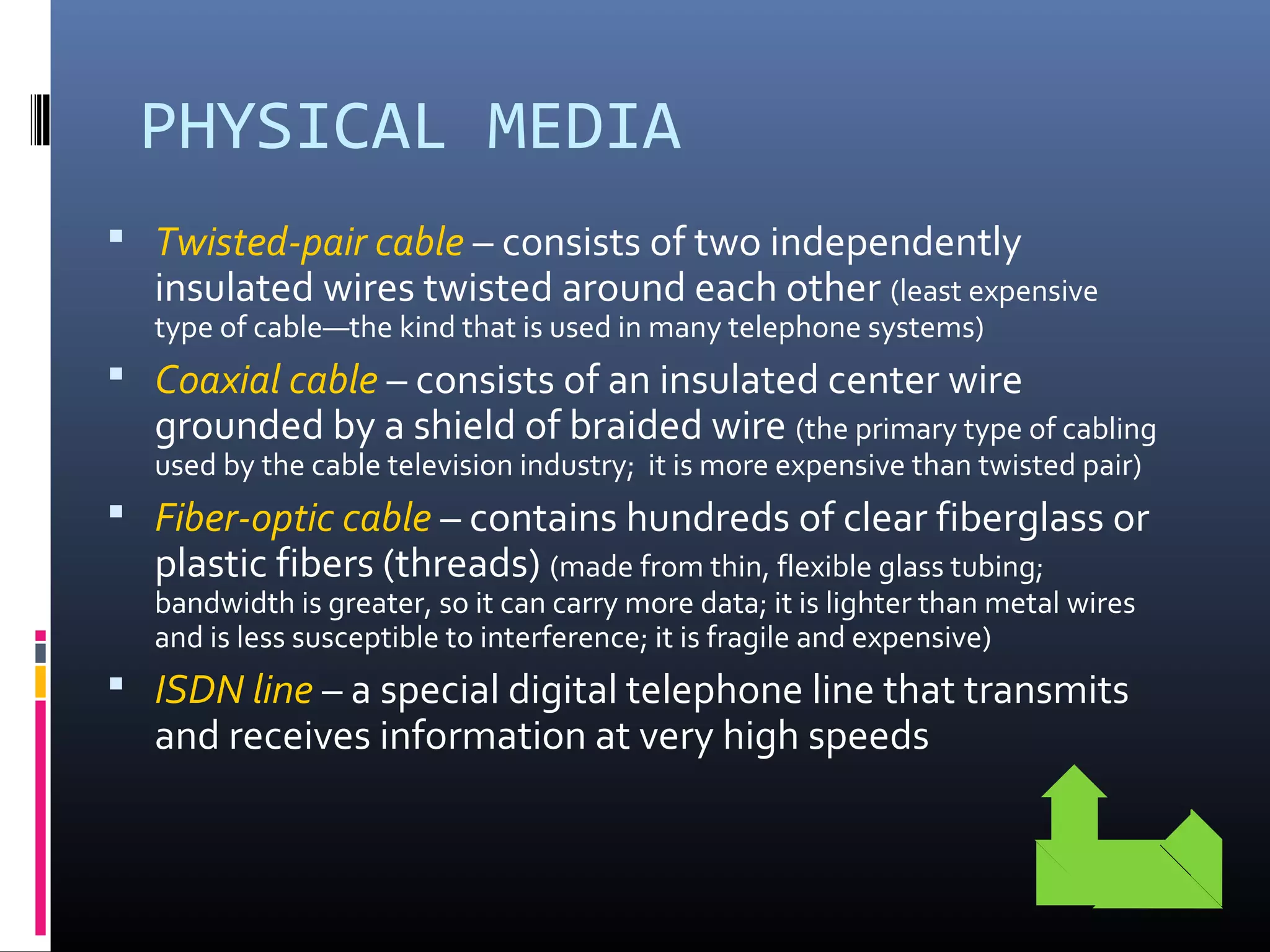 PHYSICAL MEDIA
 Twisted-pair cable – consists of two independently
insulated wires twisted around each other (least expensive
type of cable—the kind that is used in many telephone systems)
 Coaxial cable – consists of an insulated center wire
grounded by a shield of braided wire (the primary type of cabling
used by the cable television industry; it is more expensive than twisted pair)
 Fiber-optic cable – contains hundreds of clear fiberglass or
plastic fibers (threads) (made from thin, flexible glass tubing;
bandwidth is greater, so it can carry more data; it is lighter than metal wires
and is less susceptible to interference; it is fragile and expensive)
 ISDN line – a special digital telephone line that transmits
and receives information at very high speeds
 