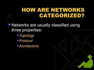 HOW ARE NETWORKS
CATEGORIZED?
 Networks are usually classified using
three properties:
Topology
Protocol
Architecture
 