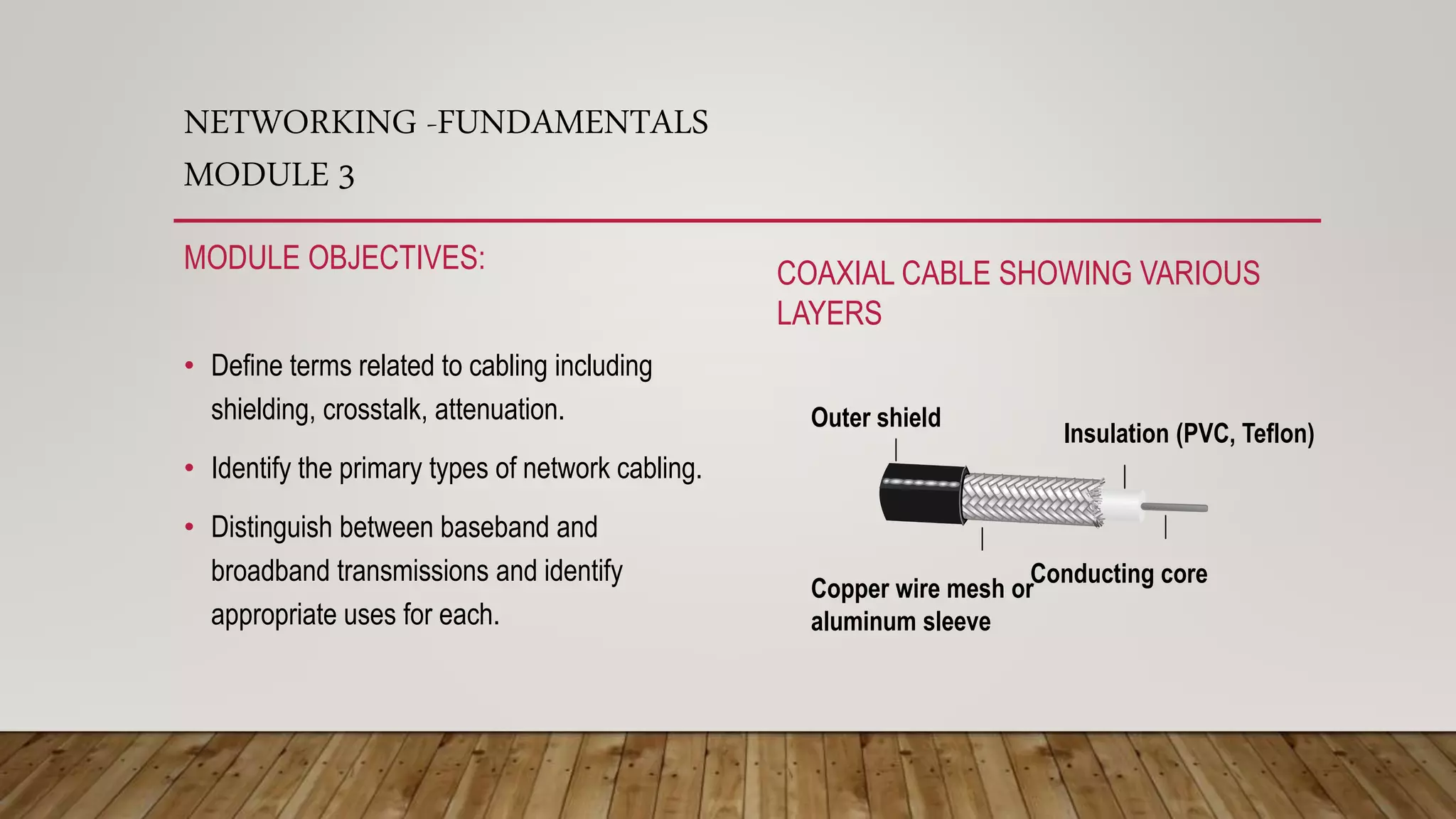 NETWORKING -FUNDAMENTALS
MODULE 3
MODULE OBJECTIVES:
• Define terms related to cabling including
shielding, crosstalk, attenuation.
• Identify the primary types of network cabling.
• Distinguish between baseband and
broadband transmissions and identify
appropriate uses for each.
COAXIAL CABLE SHOWING VARIOUS
LAYERS
Outer shield
Insulation (PVC, Teflon)
Copper wire mesh or
aluminum sleeve
Conducting core
 
