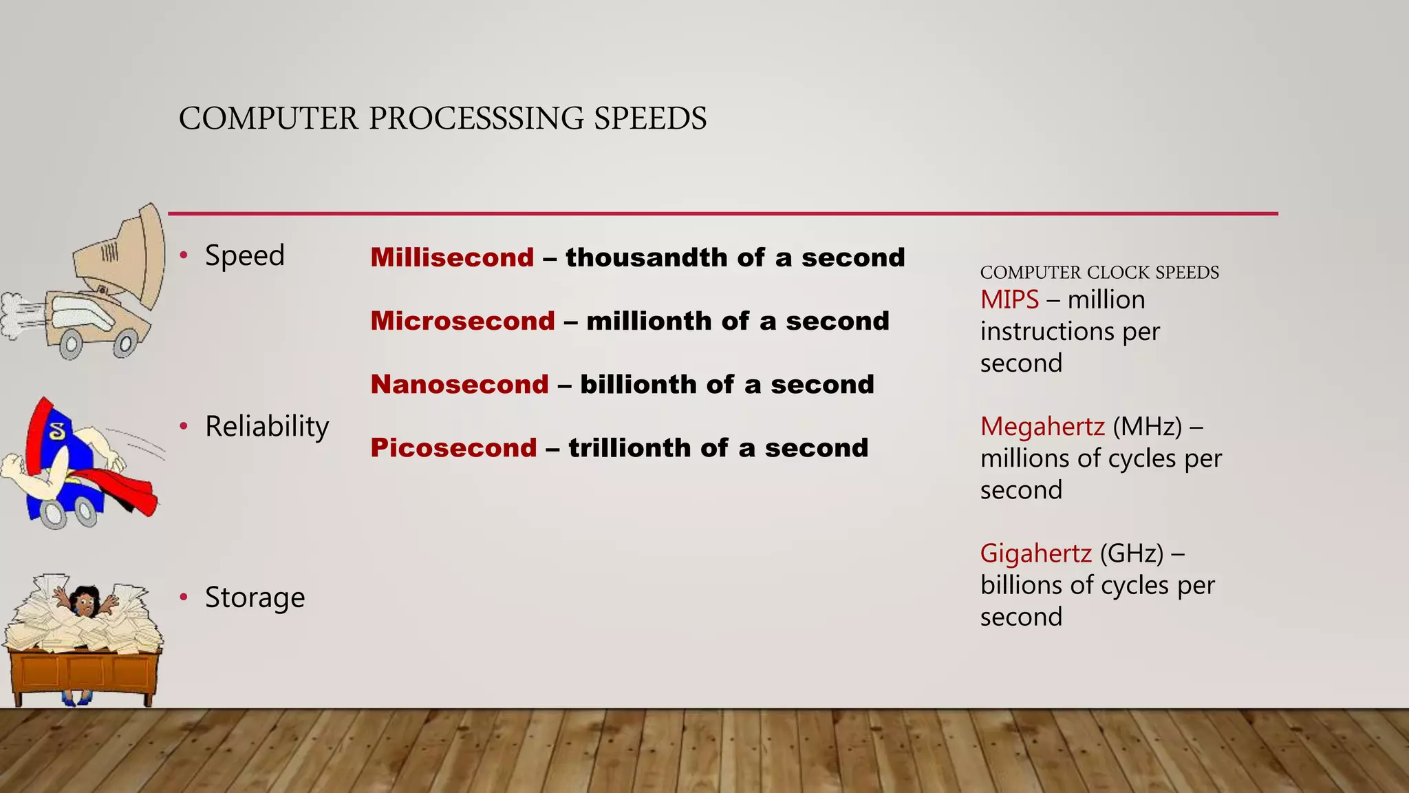 COMPUTER PROCESSSING SPEEDS
• Speed
• Reliability
• Storage
Millisecond – thousandth of a second
Microsecond – millionth of a second
Nanosecond – billionth of a second
Picosecond – trillionth of a second
COMPUTER CLOCK SPEEDS
MIPS – million
instructions per
second
Megahertz (MHz) –
millions of cycles per
second
Gigahertz (GHz) –
billions of cycles per
second
 