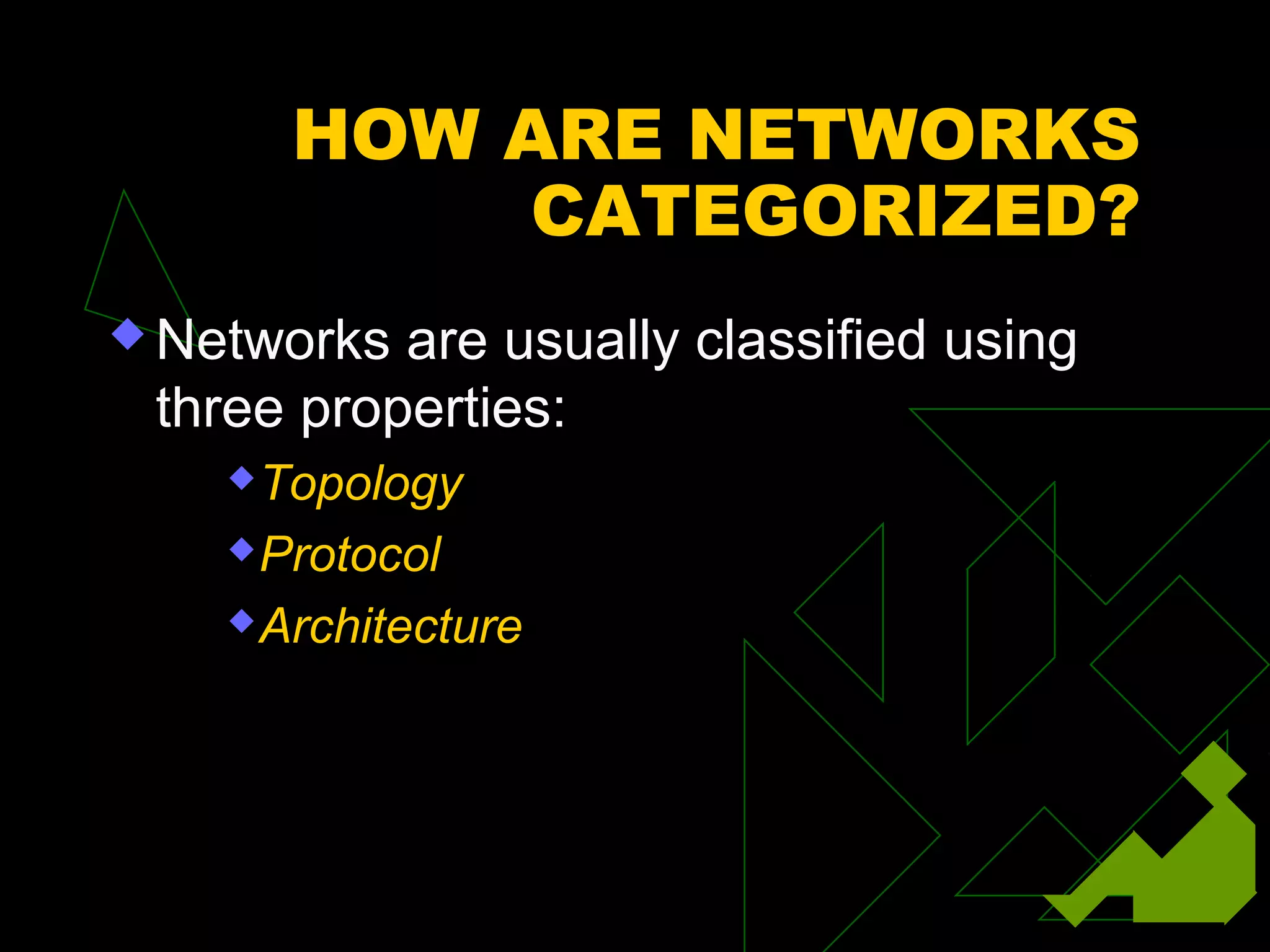 HOW ARE NETWORKS
CATEGORIZED?
 Networks are usually classified using
three properties:
Topology
Protocol
Architecture
 