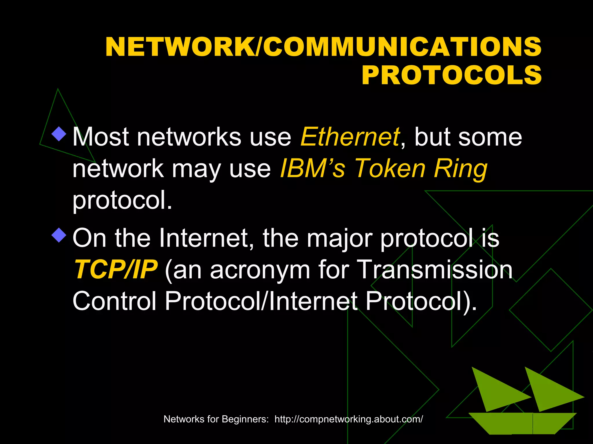 NETWORK/COMMUNICATIONS
PROTOCOLS
 Most networks use Ethernet, but some
network may use IBM’s Token Ring
protocol.
 On the Internet, the major protocol is
TCP/IP (an acronym for Transmission
Control Protocol/Internet Protocol).
Networks for Beginners: http://compnetworking.about.com/
 