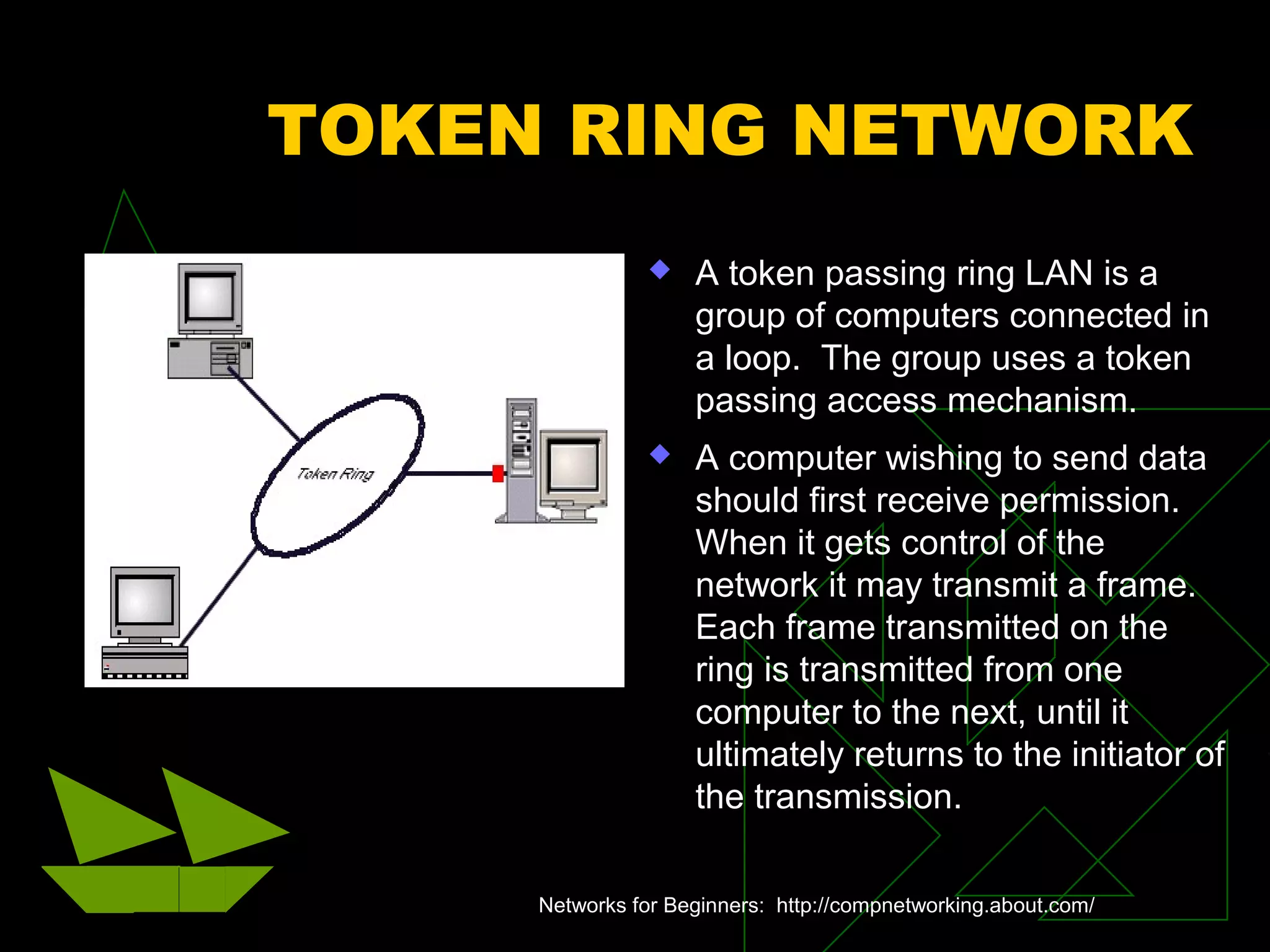 TOKEN RING NETWORK
 A token passing ring LAN is a
group of computers connected in
a loop. The group uses a token
passing access mechanism.
 A computer wishing to send data
should first receive permission.
When it gets control of the
network it may transmit a frame.
Each frame transmitted on the
ring is transmitted from one
computer to the next, until it
ultimately returns to the initiator of
the transmission.
Networks for Beginners: http://compnetworking.about.com/
 