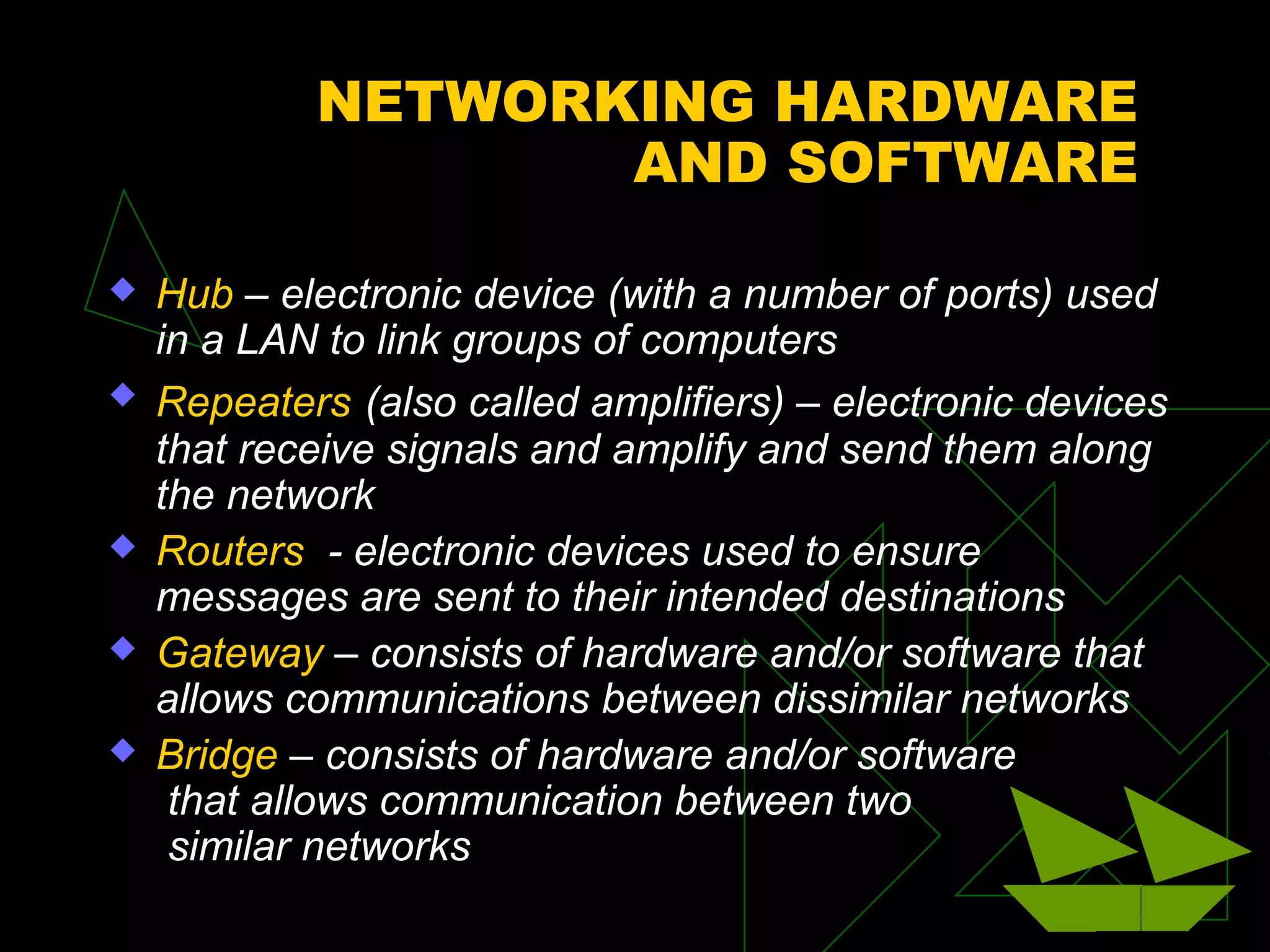 NETWORKING HARDWARE
AND SOFTWARE
 Hub – electronic device (with a number of ports) used
in a LAN to link groups of computers
 Repeaters (also called amplifiers) – electronic devices
that receive signals and amplify and send them along
the network
 Routers - electronic devices used to ensure
messages are sent to their intended destinations
 Gateway – consists of hardware and/or software that
allows communications between dissimilar networks
 Bridge – consists of hardware and/or software
that allows communication between two
similar networks
 