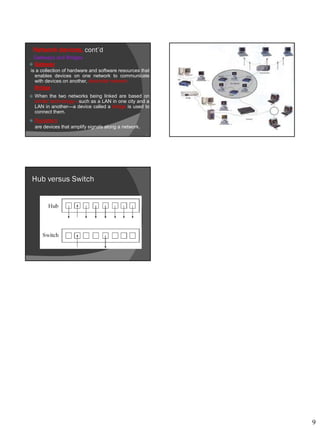 9
49
Gateways and Bridges
 Gateway
is a collection of hardware and software resources that
enables devices on one network to communicate
with devices on another, dissimilar network.
Bridge
 When the two networks being linked are based on
similar technology—such as a LAN in one city and a
LAN in another—a device called a bridge is used to
connect them.
 Repeaters
are devices that amplify signals along a network.
Network devices, cont’d
Hub versus Switch
 