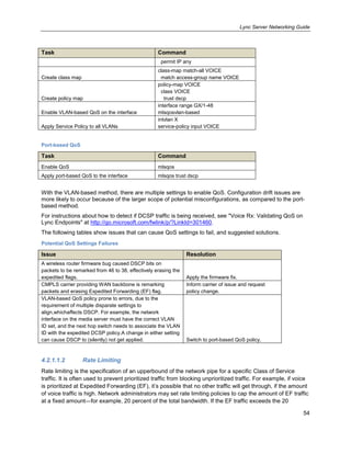 Lync Server Networking Guide
54
Task Command
permit IP any
Create class map
class-map match-all VOICE
match access-group name VOICE
Create policy map
policy-map VOICE
class VOICE
trust dscp
Enable VLAN-based QoS on the interface
interface range GX/1-48
mlsqosvlan-based
Apply Service Policy to all VLANs
intvlan X
service-policy input VOICE
Port-based QoS
Task Command
Enable QoS mlsqos
Apply port-based QoS to the interface mlsqos trust dscp
With the VLAN-based method, there are multiple settings to enable QoS. Configuration drift issues are
more likely to occur because of the larger scope of potential misconfigurations, as compared to the port-
based method.
For instructions about how to detect if DCSP traffic is being received, see "Voice Rx: Validating QoS on
Lync Endpoints" at http://go.microsoft.com/fwlink/p/?LinkId=301460.
The following tables show issues that can cause QoS settings to fail, and suggested solutions.
Potential QoS Settings Failures
Issue Resolution
A wireless router firmware bug caused DSCP bits on
packets to be remarked from 46 to 38, effectively erasing the
expedited flags. Apply the firmware fix.
CMPLS carrier providing WAN backbone is remarking
packets and erasing Expedited Forwarding (EF) flag.
Inform carrier of issue and request
policy change.
VLAN-based QoS policy prone to errors, due to the
requirement of multiple disparate settings to
align,whichaffects DSCP. For example, the network
interface on the media server must have the correct VLAN
ID set, and the next hop switch needs to associate the VLAN
ID with the expedited DCSP policy.A change in either setting
can cause DSCP to (silently) not get applied. Switch to port-based QoS policy.
4.2.1.1.2 Rate Limiting
Rate limiting is the specification of an upperbound of the network pipe for a specific Class of Service
traffic. It is often used to prevent prioritized traffic from blocking unprioritized traffic. For example, if voice
is prioritized at Expedited Forwarding (EF), it’s possible that no other traffic will get through, if the amount
of voice traffic is high. Network administrators may set rate limiting policies to cap the amount of EF traffic
at a fixed amount—for example, 20 percent of the total bandwidth. If the EF traffic exceeds the 20
 