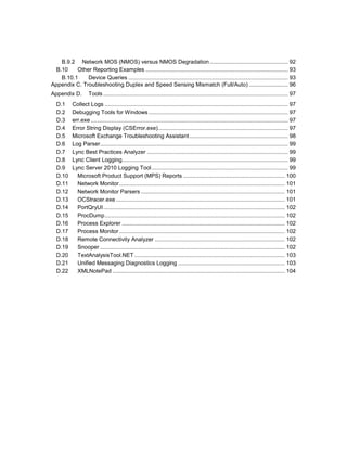 B.9.2 Network MOS (NMOS) versus NMOS Degradation.................................................. 92
B.10 Other Reporting Examples ........................................................................................... 93
B.10.1 Device Queries ...................................................................................................... 93
Appendix C. Troubleshooting Duplex and Speed Sensing Mismatch (Full/Auto) ......................... 96
Appendix D. Tools ...................................................................................................................... 97
D.1 Collect Logs ..................................................................................................................... 97
D.2 Debugging Tools for Windows ......................................................................................... 97
D.3 err.exe .............................................................................................................................. 97
D.4 Error String Display (CSError.exe)................................................................................... 97
D.5 Microsoft Exchange Troubleshooting Assistant............................................................... 98
D.6 Log Parser........................................................................................................................ 99
D.7 Lync Best Practices Analyzer .......................................................................................... 99
D.8 Lync Client Logging.......................................................................................................... 99
D.9 Lync Server 2010 Logging Tool....................................................................................... 99
D.10 Microsoft Product Support (MPS) Reports ................................................................. 100
D.11 Network Monitor.......................................................................................................... 101
D.12 Network Monitor Parsers ............................................................................................ 101
D.13 OCStracer.exe ............................................................................................................ 101
D.14 PortQryUI.................................................................................................................... 102
D.15 ProcDump................................................................................................................... 102
D.16 Process Explorer ........................................................................................................ 102
D.17 Process Monitor.......................................................................................................... 102
D.18 Remote Connectivity Analyzer ................................................................................... 102
D.19 Snooper ...................................................................................................................... 102
D.20 TextAnalysisTool.NET ................................................................................................ 103
D.21 Unified Messaging Diagnostics Logging .................................................................... 103
D.22 XMLNotePad .............................................................................................................. 104
 