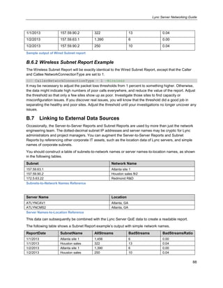 Lync Server Networking Guide
88
1/1/2013 157.59.90.2 322 13 0.04
1/2/2013 157.59.63.1 1,390 6 0.00
1/2/2013 157.59.90.2 250 10 0.04
Sample output of Wired Subnet report
B.6.2 Wireless Subnet Report Example
The Wireless Subnet Report will be exactly identical to the Wired Subnet Report, except that the Caller
and Callee NetworkConnectionType are set to 1.
AND CallerNetworkConnectionType = 1 –Wireless
It may be necessary to adjust the packet loss thresholds from 1 percent to something higher. Otherwise,
the data might indicate high numbers of poor calls everywhere, and reduce the value of the report. Adjust
the threshold so that only a few sites show up as poor. Investigate those sites to find capacity or
misconfiguration issues. If you discover real issues, you will know that the threshold did a good job in
separating the healthy and poor sites. Adjust the threshold until your investigations no longer uncover any
issues.
B.7 Linking to External Data Sources
Occasionally, the Server-to-Server Reports and Subnet Reports are used by more than just the network
engineering team. The dotted-decimal subnet IP addresses and server names may be cryptic for Lync
administrators and project managers. You can augment the Server-to-Server Reports and Subnet
Reports by referencing other corporate IT assets, such as the location data of Lync servers, and simple
names of corporate subnets.
You should construct a table of subnets-to-network names or server names-to-location names, as shown
in the following tables.
Subnet Network Name
157.59.63.1 Atlanta site 1
157.59.90.2 Houston sales flr2
172.5.63.22 Redmond R&D
Subnets-to-Network Names Reference
Server Name Location
ATLYNCAV1 Atlanta, GA
ATLYNCMS2 Atlanta, GA
Server Names-to-Location Reference
This data can subsequently be combined with the Lync Server QoE data to create a readable report.
The following table shows a Subnet Report example’s output with simple network names.
ReportDate SubnetName AllStreams BadStreams BadStreamsRatio
1/1/2013 Atlanta site 1 1,456 6 0.00
1/1/2013 Houston sales 322 13 0.04
1/2/2013 Atlanta site 1 1,390 6 0.00
1/2/2013 Houston sales 250 10 0.04
 
