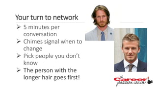 Your turn to network
 5 minutes per
conversation
 Chimes signal when to
change
 Pick people you don’t
know
 The person with the
longer hair goes first!
 