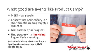 What good are events like Product Camp?
 MEET new people
 Concentrate your energy in a
short timeframe to a targeted
audience
 Feel and see your progress
 Find people with I’m Hiring
flag on their nametag
Reasonable Goal: Meet and have a
significant conversation with 5
people today
 