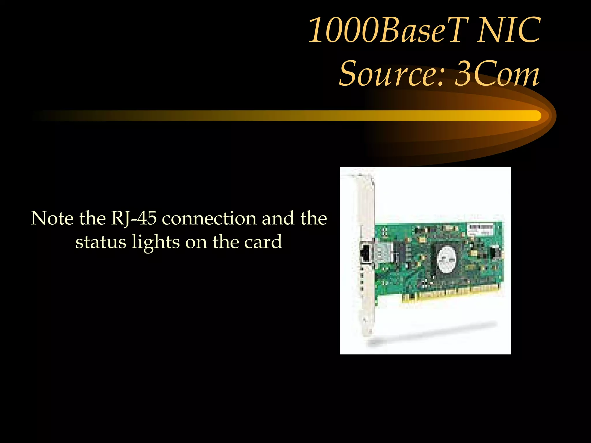 1000BaseT NIC Source: 3Com Note the RJ-45 connection and the status lights on the card                    