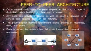 PEER-TO-PEER ARCHITECTURE
 On a network built using the peer-to-peer architecture, no specific
distinction exists between a client and a server.
 Any node can provide a service as well as send a request for a
service from another node on the network.
 The peer-to-peer network architecture allows sharing of resources,
data, and users.
 Each node on the network has full control over the network
resources.
 